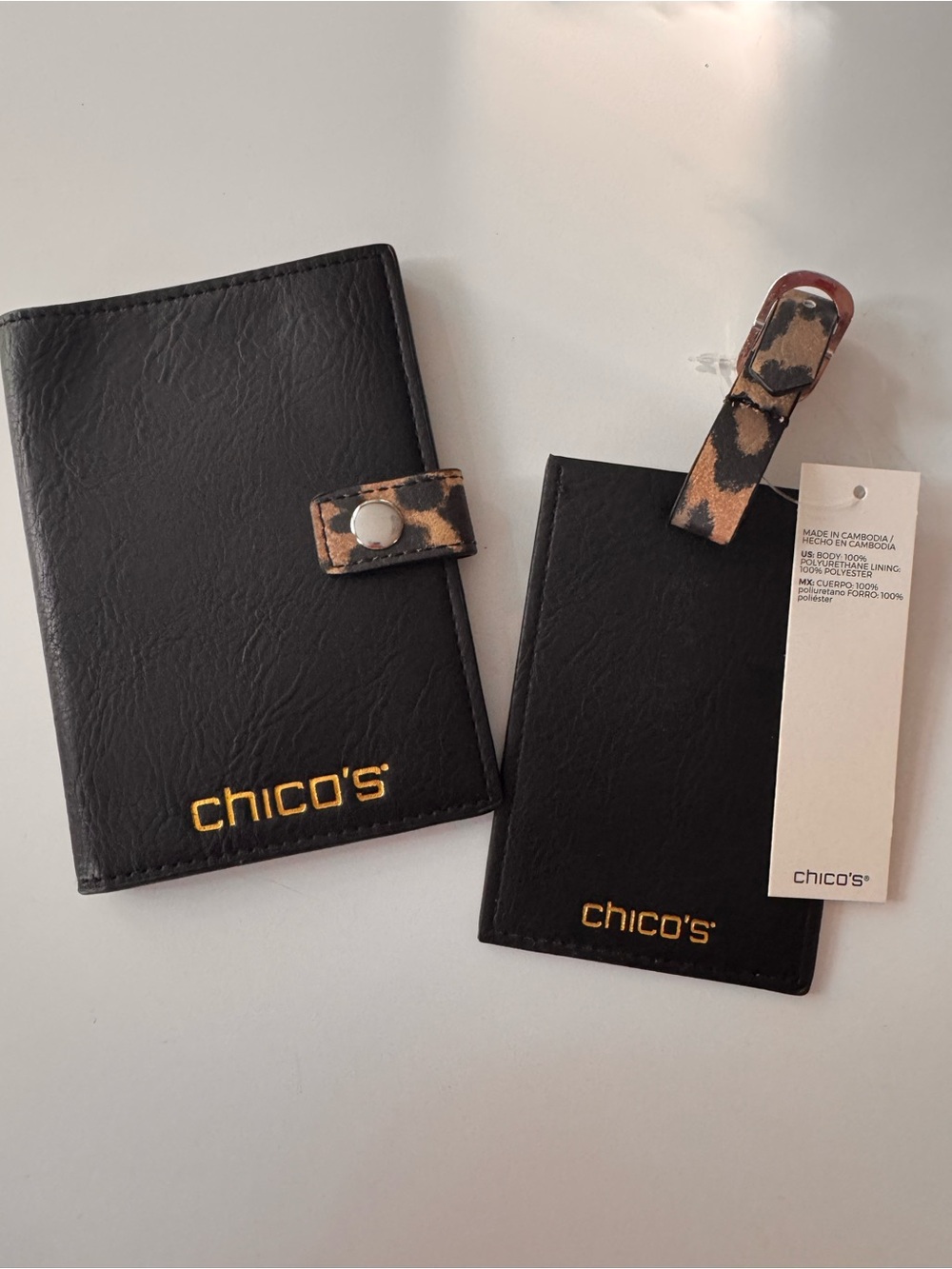 Chico’s Black Faux Leather Passport Cover & Luggage Tag Set with Leopard Accent